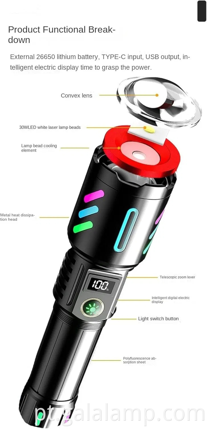 Lanterna portátil de 5 modos LED com foco ajustável